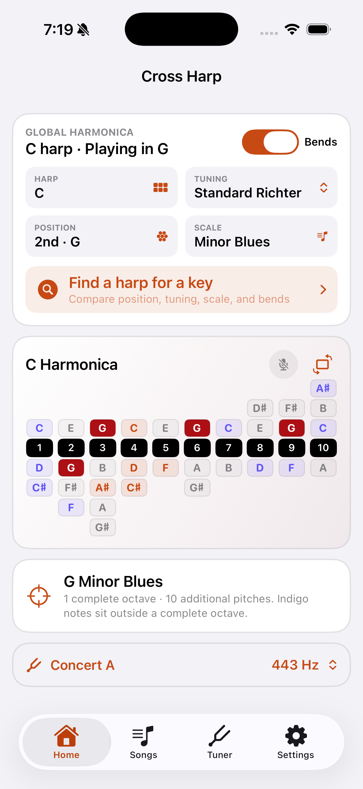 Cross Harp app showing a selected harp, position, scale, note map, and its main navigation