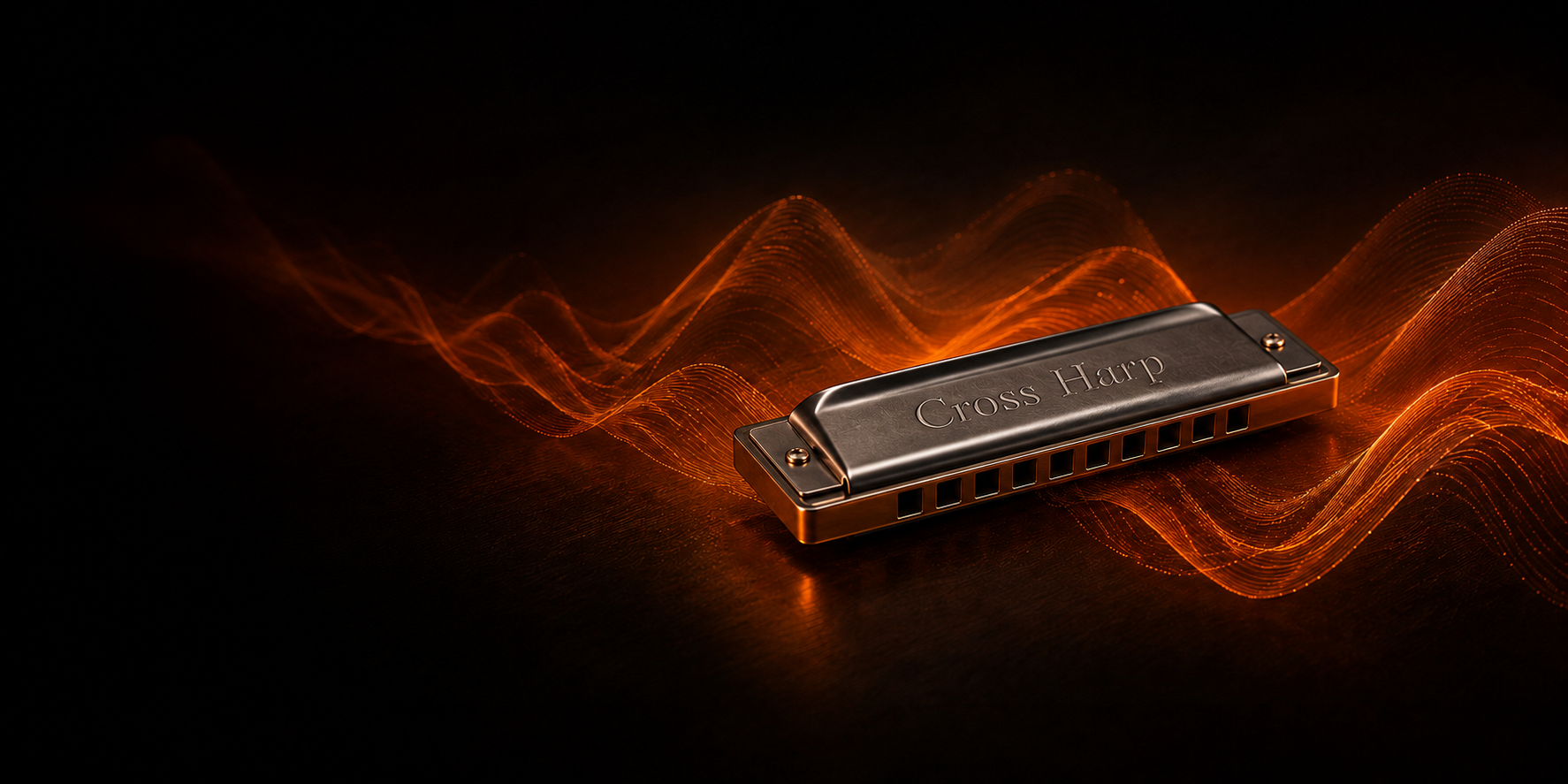 A dark metal harmonica surrounded by glowing orange sound waves