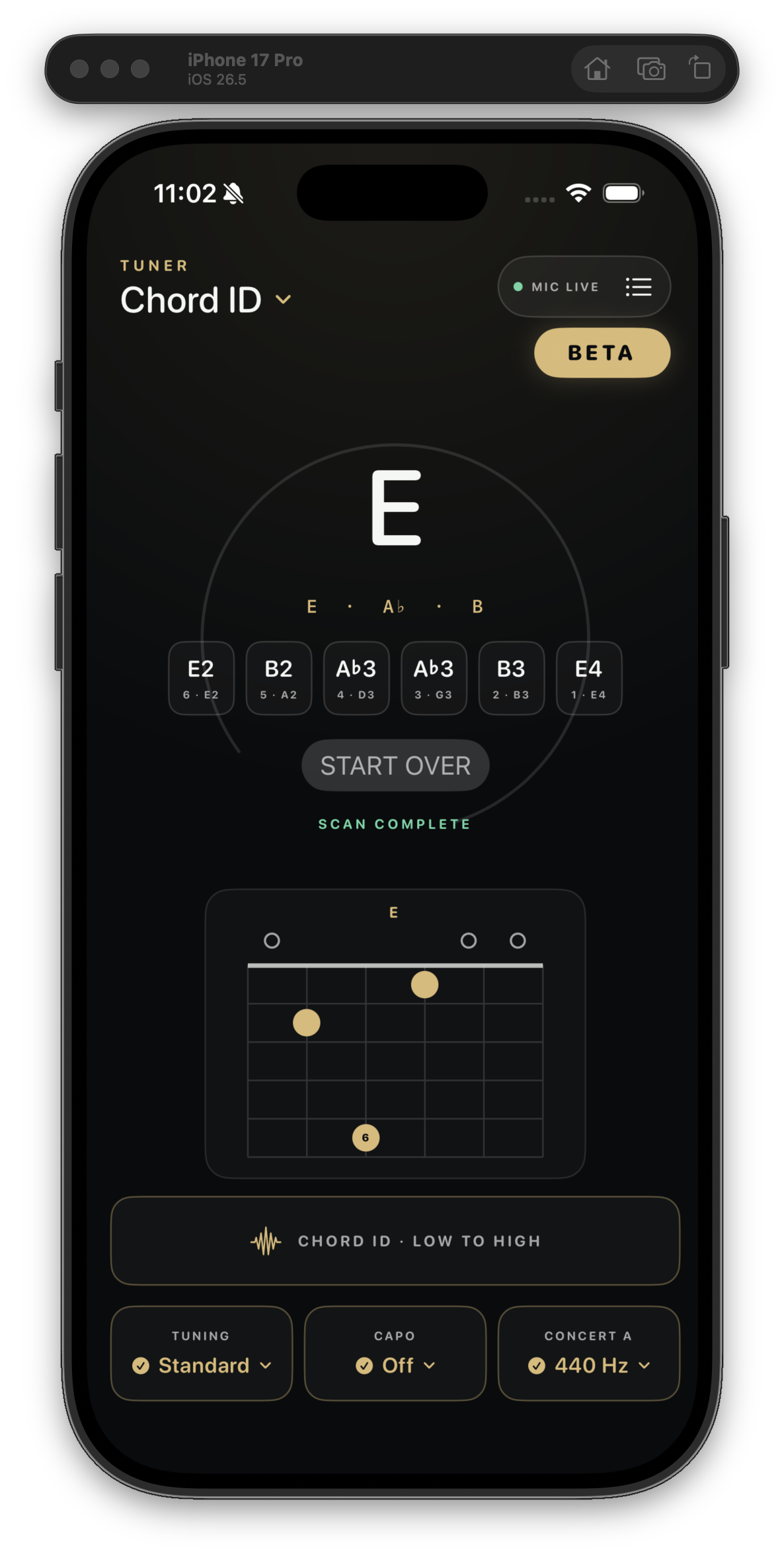Gig Tuner guided Chord ID on iPhone