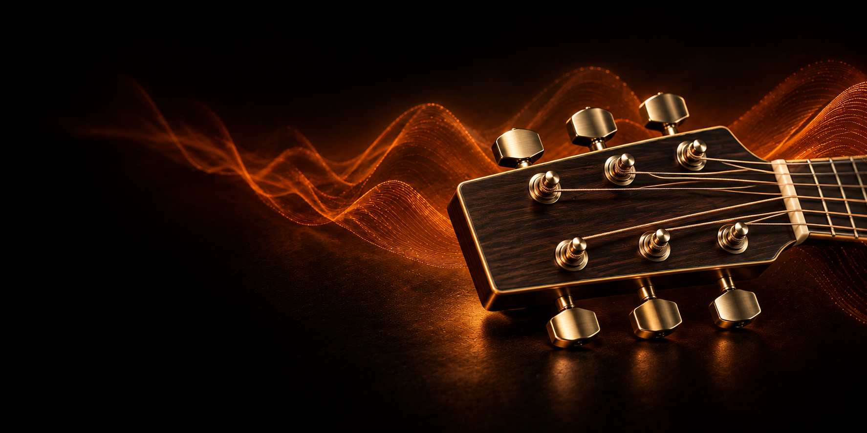 A precision guitar headstock surrounded by warm amber sound waves