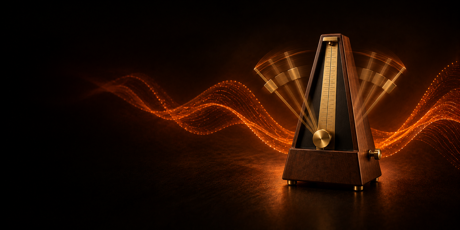 A wood and brass mechanical metronome with glowing rhythmic trails